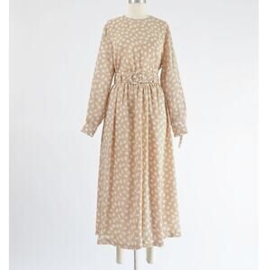 Vintage Tan Floral Blouse and Skirt Set Sheer Full Pleated Midi Dress Belted S M